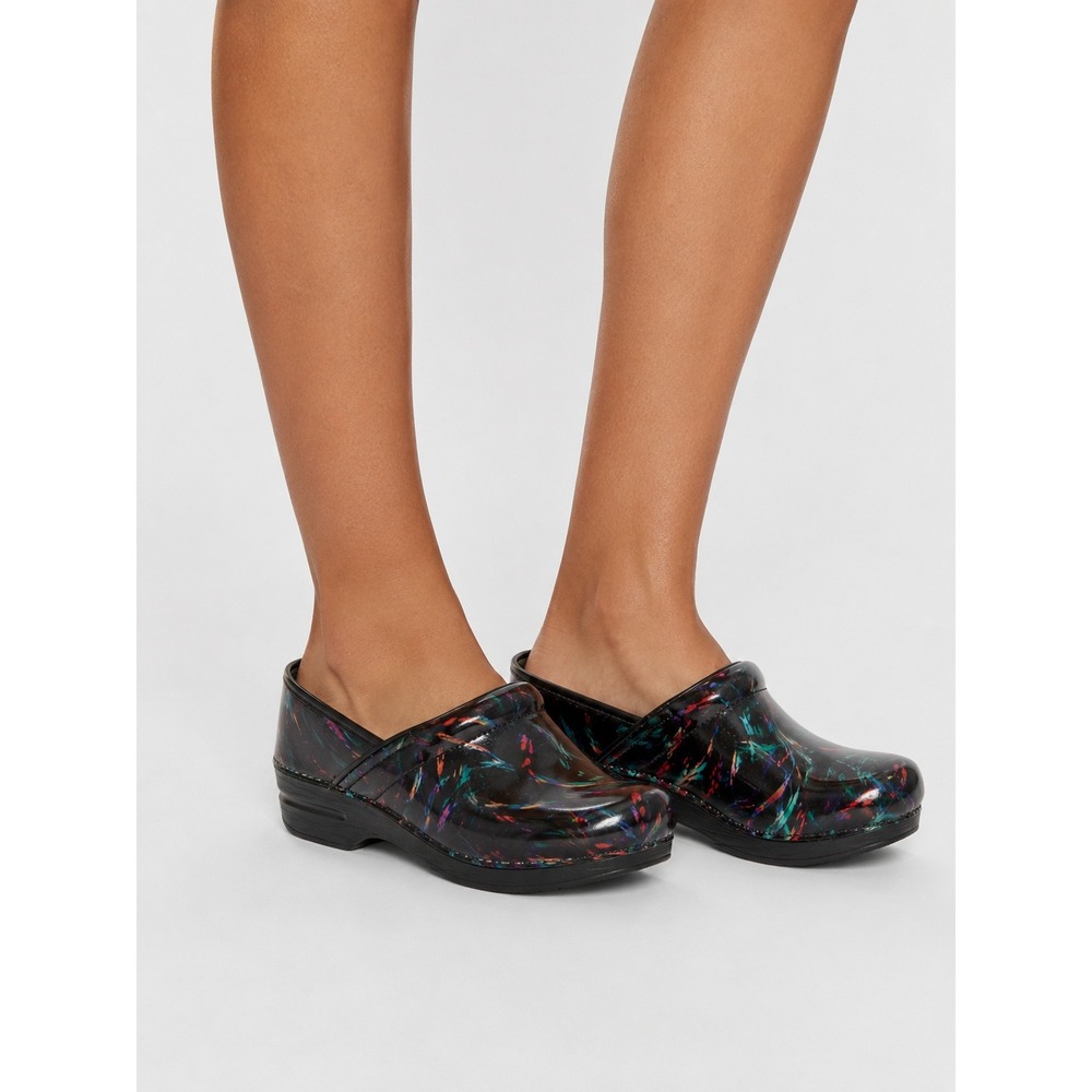 Dansko Professional Clogs Black Patent Multicolor Brushstroke 40 US 10
